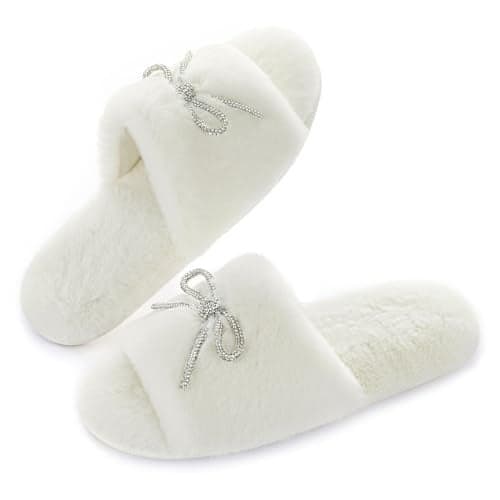 ULTRAIDEAS Women's Fuzzy House Slippers Fancy Open Toe Slides Slippers with Rhinestone Bowknot and Non Slip Sole (White, Size 8)