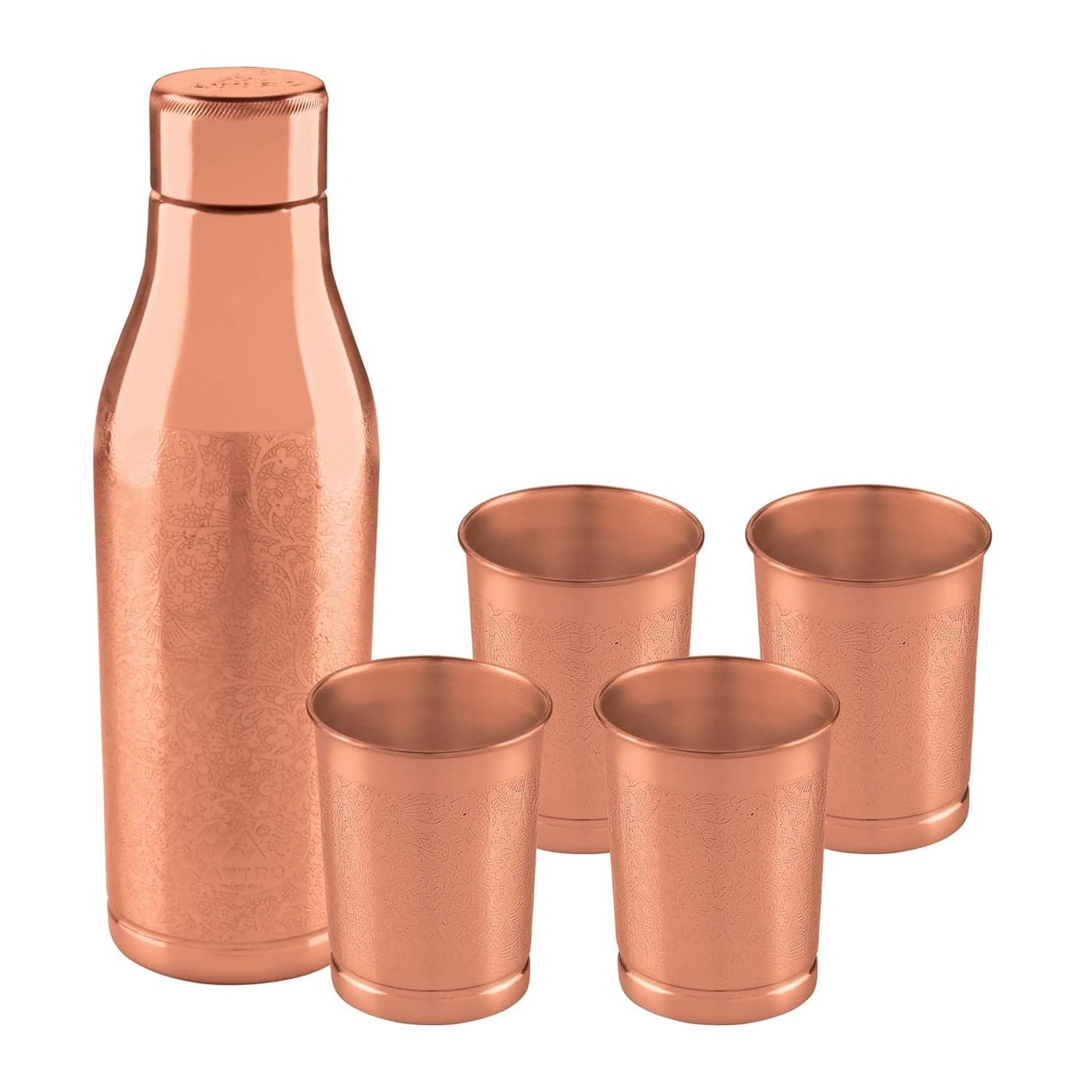 Attro Aarogyam Amulya 1000ml Carving Finish JointLess Copper Water Bottle with 4 Glasses for Improves Immunity Nervous Digestive System