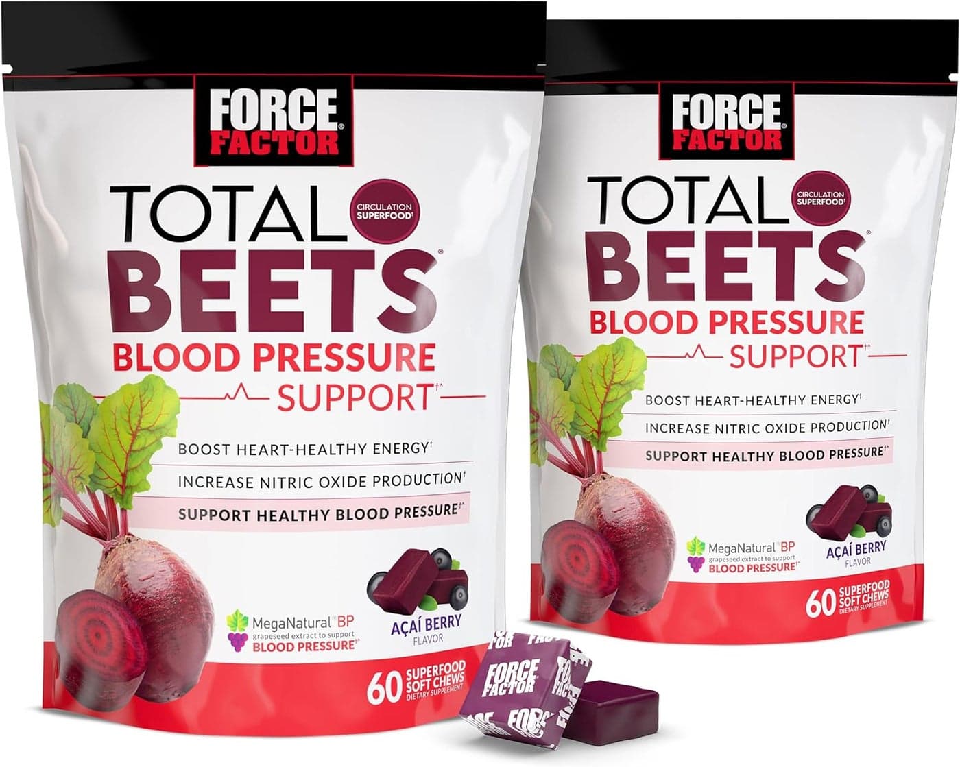 FORCE FACTOR Total Beets Blood Pressure Support Supplement Beets Supplements with Beets Powder GreatTasting Beets Chewables for HeartHealthy Energy and Increased Nitric Oxide 120 Chews 2Pack