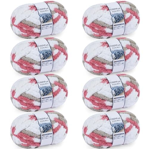 Cozyful Chunky Yarn for Hand Knitting - #10 Chunky Chenille Blanket Yarn, Jumbo Big Thick Chunky Yarns for Crocheting, Tie Dye Bulky Knit Yarns, 8 Skein (20 yds 8 oz Each Skein), Khaki & Rose & White