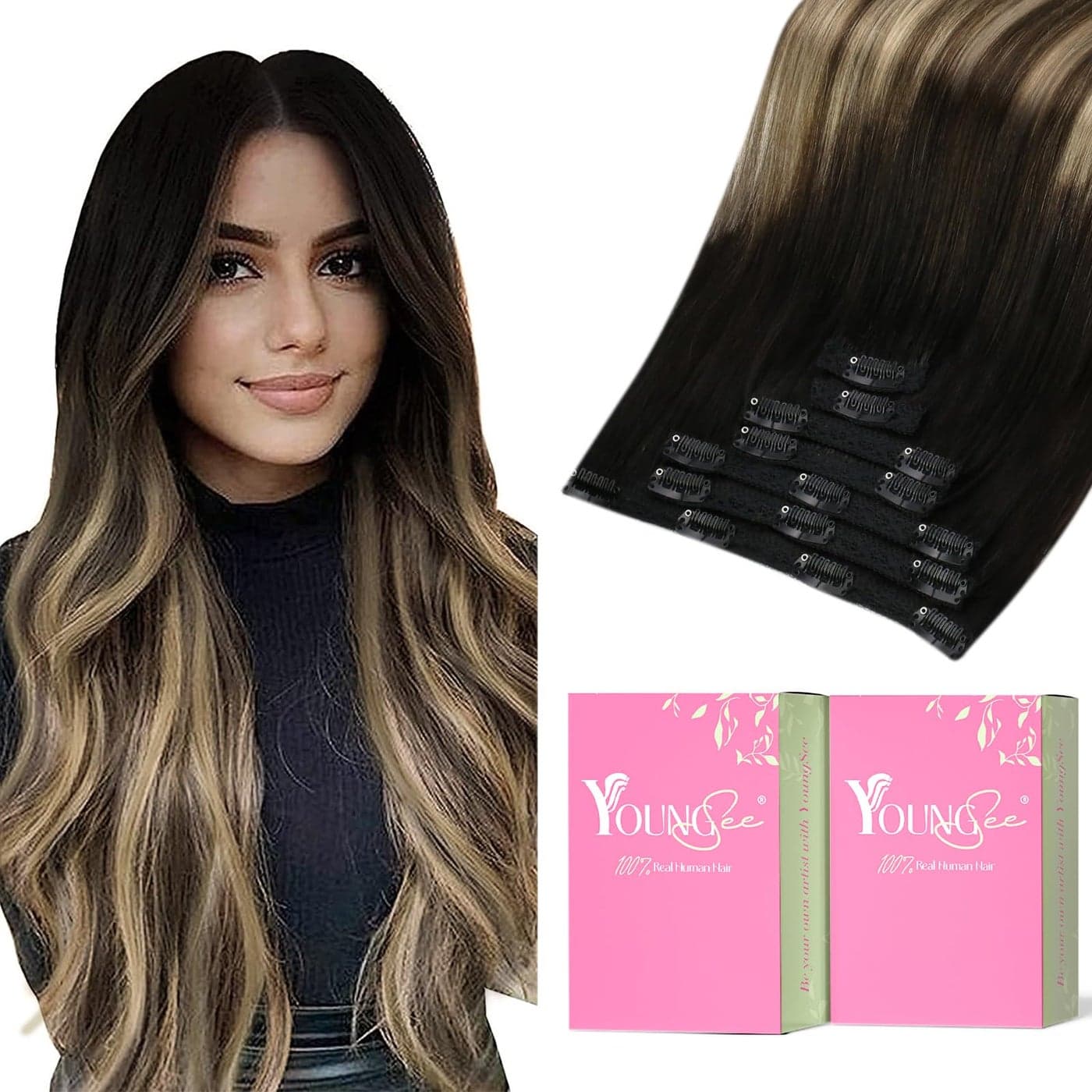 YoungSee Clip in Extensions Real Human Hair Ombre Clip in Real Hair Extensions Ombre Black to Brown with Caramel Blonde Balayage for Women 20Inch 120G 7Pcs