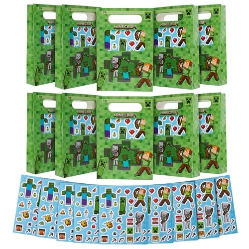 Minecraft Party Favor Bags for Kids with Sticker Sheet, 10 Pcs Kids Paper Gift Bags - Party Supplies for Birthday Party