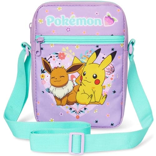 Pokemon Crossbody Bag for Kids, Small Shoulder Bag for Travel, Pikachu Gengar Eevee, Anime Gifts for Girls (Purple/Multi)