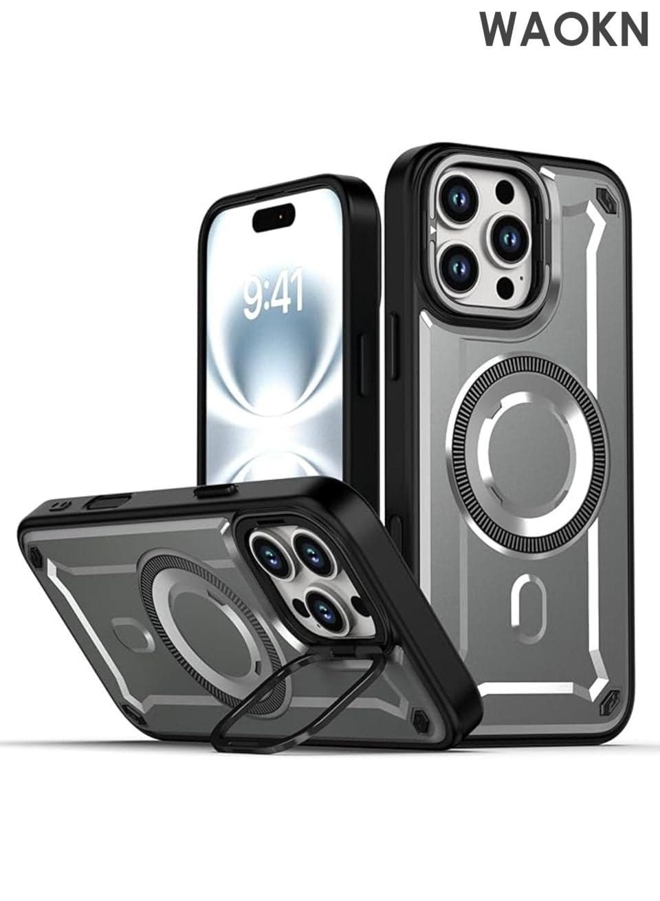 iPhone 16 Pro Max Magnetic Case | Military Grade Shockproof Armor with Hidden Foldable Kickstand , Transparent Black Frame + MagSafe Zone , Anti-Drop Edge Protection , Sleek Gray Heavy Duty Cover