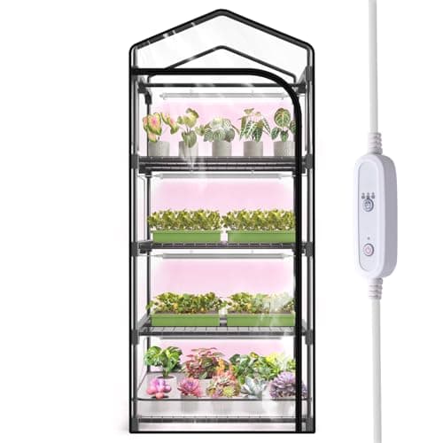 SpeePlant Mini Indoor Greenhouse with Grow Light, 4-Tier Plant Stand with Zippered Cover, Ventilation Window, Bottom Pouch, 20W Full Spectrum Plant Light with Timer for Seedling, 27"L x 19"W x 63"H