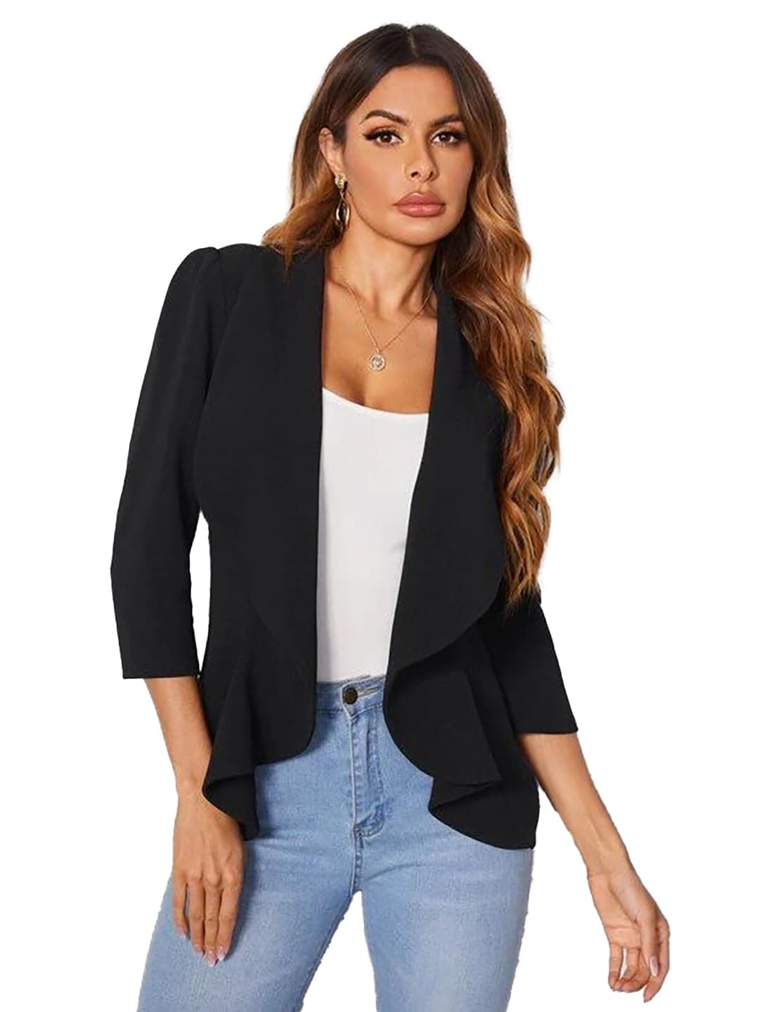 KOTTY Women's Single Breasted Relaxed Fit Shawl Collar 3/4 Sleeve Blazer Coal Black