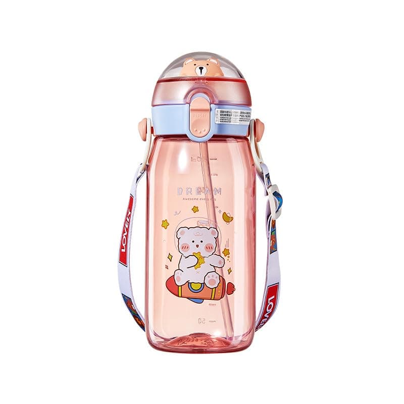Attro Teddu 550ml Cute and Convenient Cartoon Printed Kids Tritan Water Bottle with 2 Side Handles, Strap & Straw Lid BPA-Free,Leak-Proof-Perfect for School,Sports and Travel-Peach