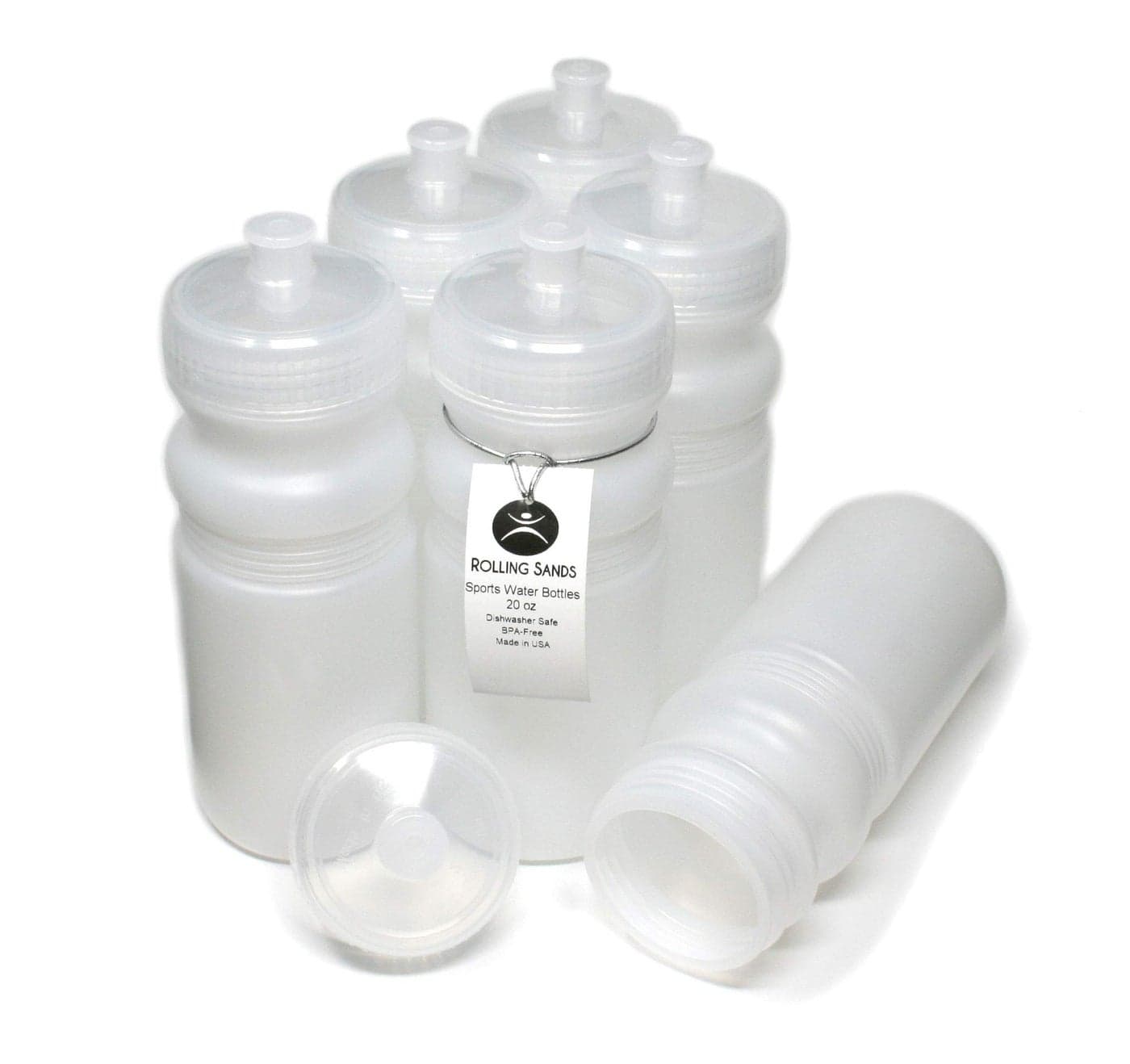 Rolling Sands USA Made 20 Ounce Sports Water Bottles - 6-Pack BPA-Free Blank Sports Bottles for Small Teams, Adults & Kids - Clear Frost Bottle/Clear Lid, No Smell No Taste