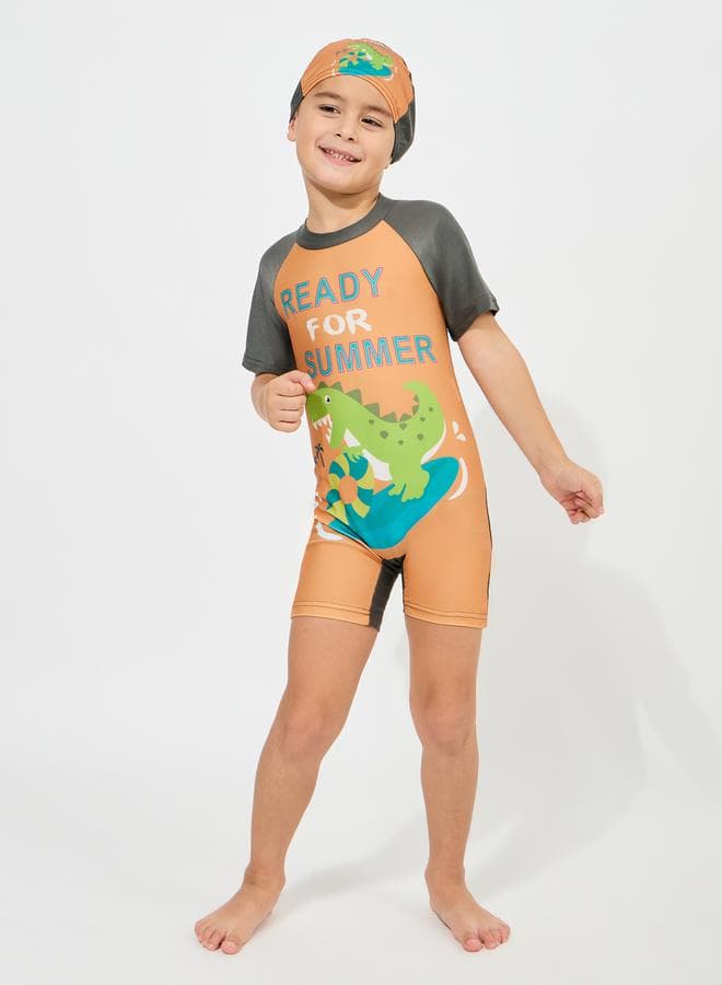 Dinosaur Print Swimsuit With Cap Set — 5-6Y