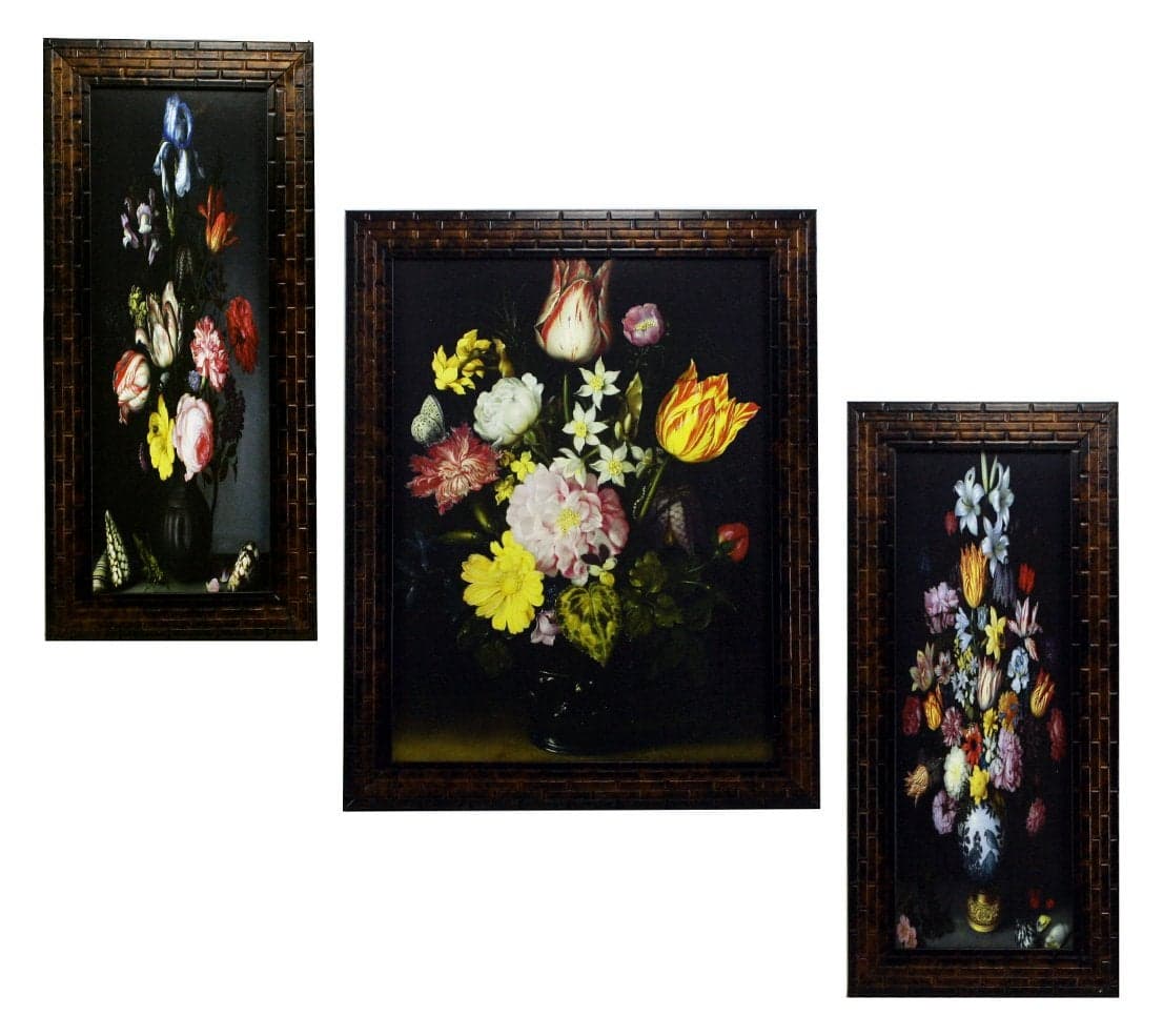 Indianara 3 PC Set of Floral Paintings (1086) Without Glass 5.2 X 12.5, 9.5 X 12.5, 5.2 X 12.5 INCH-Multicolour