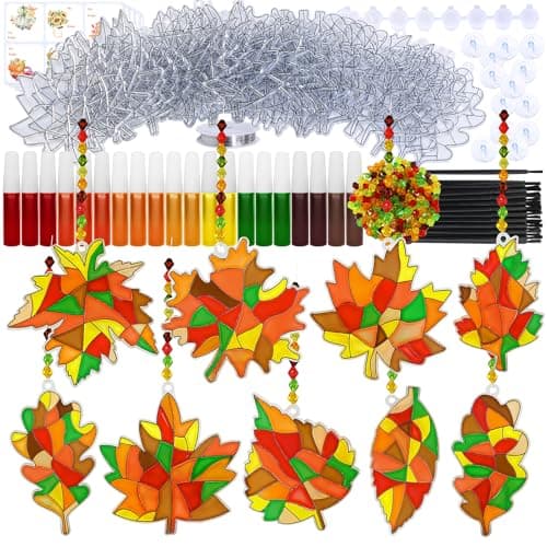 Winlyn 27 Sets Fall Leaf Suncatchers Ornaments DIY Window Paint Art Fall Craft Kits Maple Leaf Sun Catchers Painting Kits for Kids Classroom Activities Art Project Thanksgiving Autumn Party Decoration