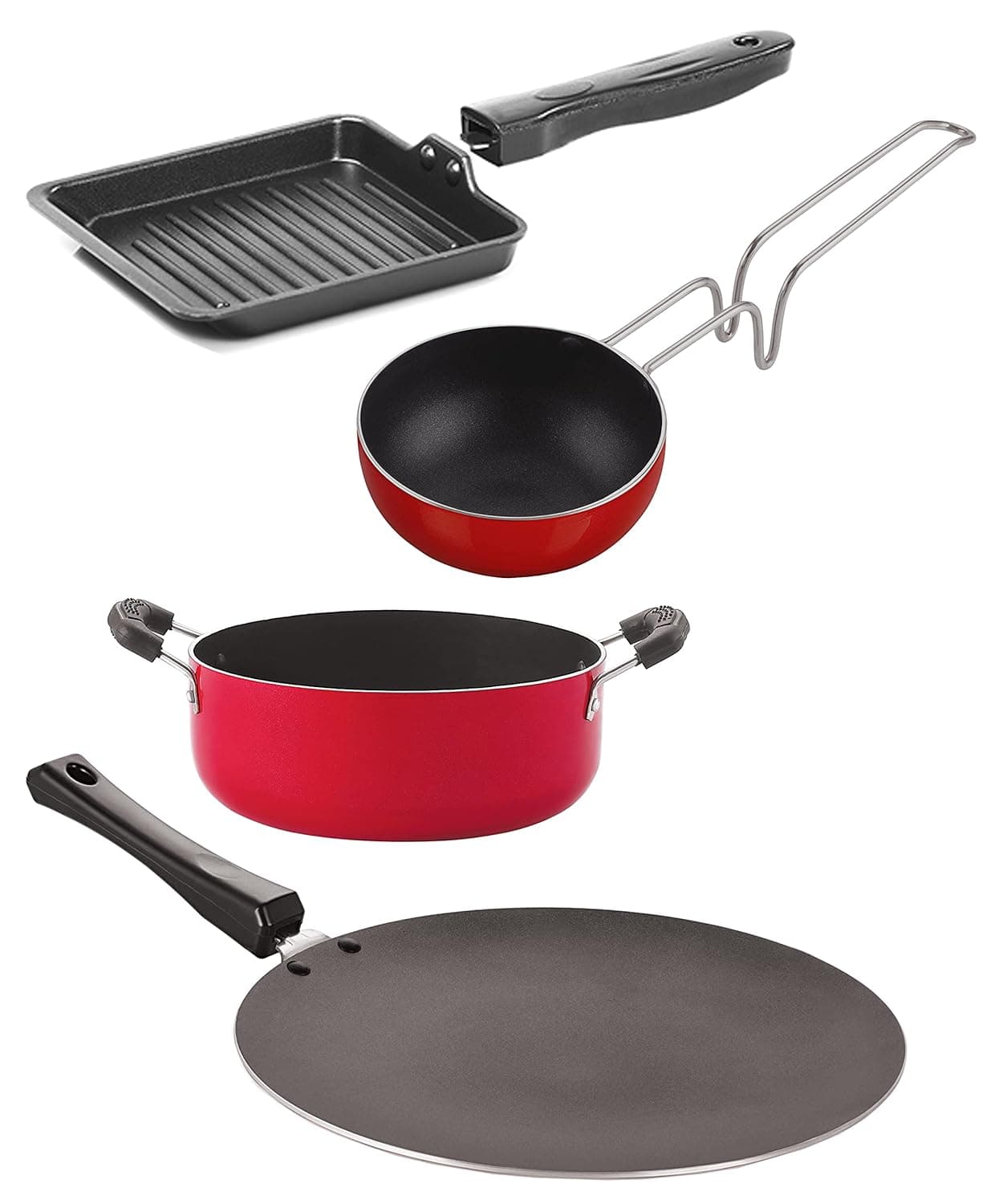 NIRLON Aluminium Non Stick Cookware Combo Concave Tawa 27.5cm/Vagariya 300ml/Small Grill Pan - 14cm/Casserole 3.1 LTR - Set of 4 (Red and Black)