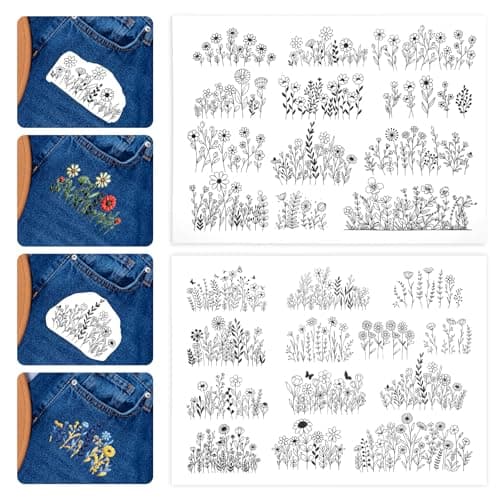 YBEATY 2 Sheets Water Soluble Embroidery Patterns Wash Away Transfers Paper Stick and Stitch Embroidery Paper Dissolvable PrePrinted Flower Shrubs Leaves Designs for Hand Sewing Lovers