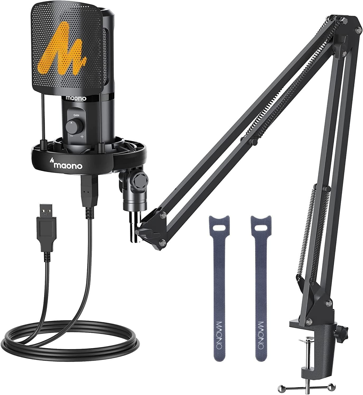 MAONO USB Podcast Mic Setup: All in One Condenser Microphone Kit with Gain Knob, Pop Filter, Arm Stand, 192kHz/24Bit Professional PC Mic for Gaming, Recording, Streaming, Voice Over, YouTube, PM461S