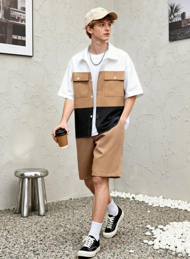 Men Color Block Pocket Detail Shirt and Shorts Co-ords