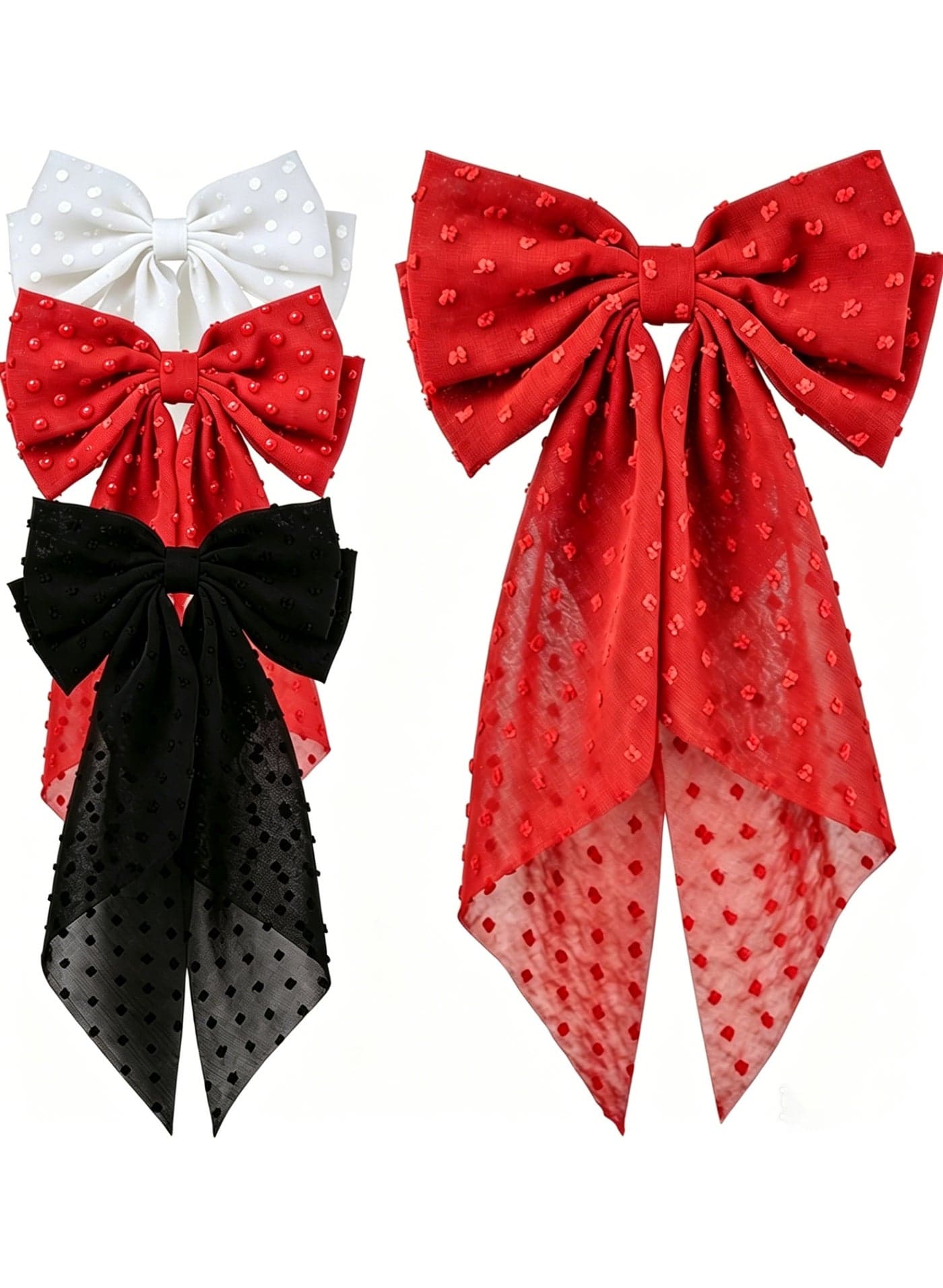 Chiffon Ribbon Bows For Hair, 3PCS Big Tulle Hair Bows For Girls, Large Hair Bow Barrettes For Women,Long Ribbon Bows French Hair Clips, Kawaii Aesthetic Wedding Hairpins (Red+Black+White)
