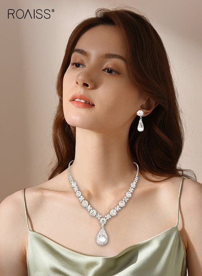 2 Pcs Teardrop Cluster Flower Bridal Jewelry Set, Elegant Wedding Halo Necklace and Drop Dangle Earrings Set, Sparkling Pear Cut Rhinestone Jewelry Set for Evening Party, Glamorous Formal Jewelry Set for Prom Pageant Gala Events, Perfect Gifts for Brides Bridesmaid Mother Wife, Party Accessories, Si