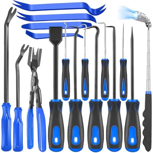 DOAHO 17Pcs Mechanic Hook and Pick Tool Set Car Trim Removal Kit with Fastener Clip PliersRivet PullerMagnetic PickupGasket ScraperNonScratch Plastic Pry Tools for Automotive RepairBlue