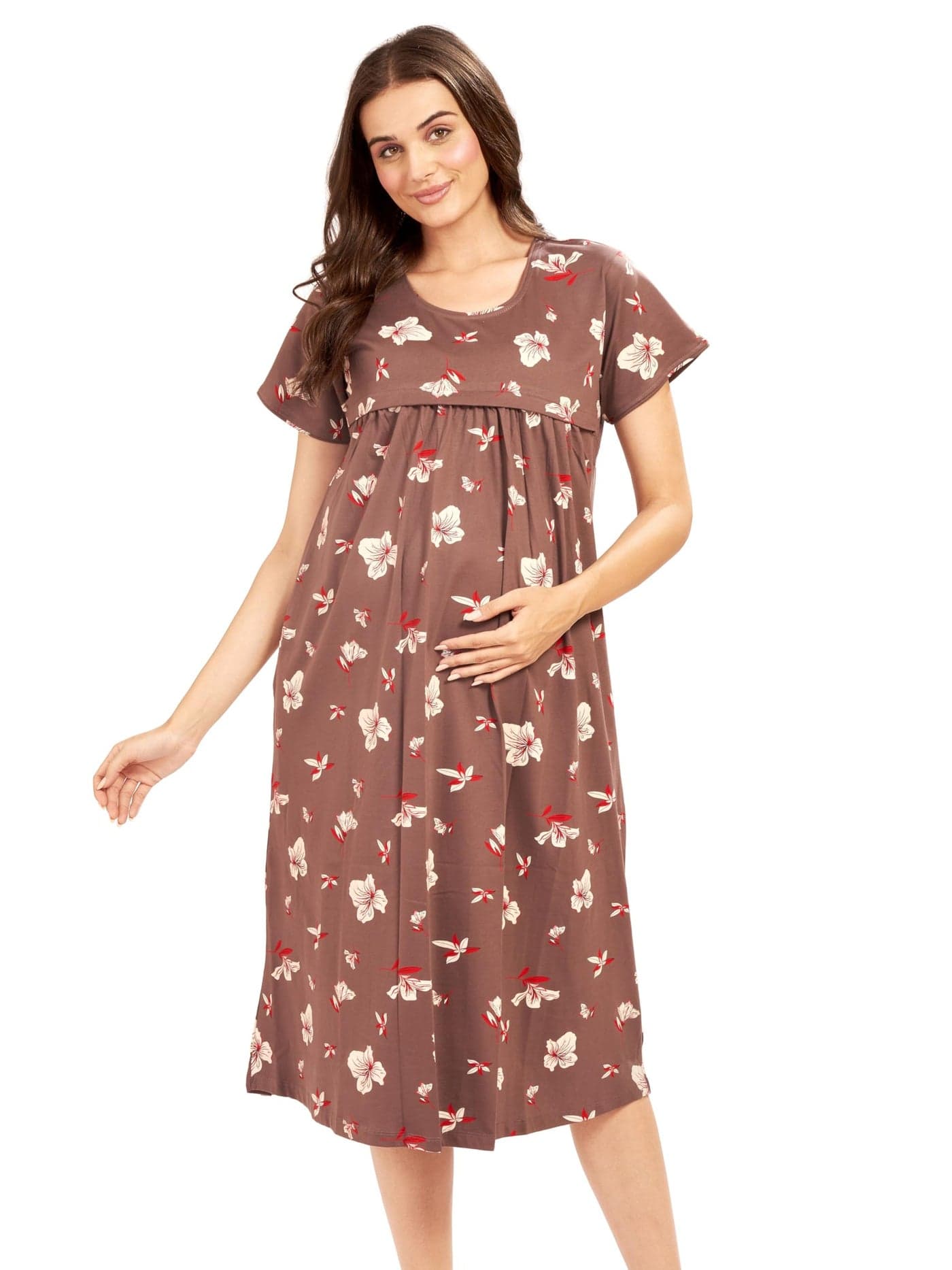 AV2 Women's Cotton Floral Calf Length Maternity Feeding Nighty (3095AM_grey_M)