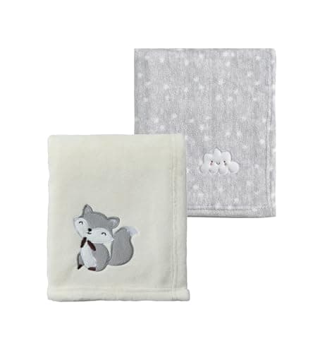CREVENT 2Pcs 30''X40'' Cute Cozy Fluffy Warm Baby Blankets for Infants Toddlers' Bedding Crib Cot Stroller - Grey Cloud + Fox