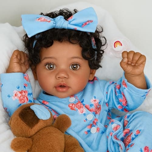SCOM Lifelike Reborn Black Girl 20 Inch African American Newborn Baby Girl Real Life Baby Dolls with Weighted Soft Cloth Body for Kids Age 3