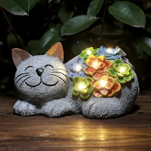 Otdair Solar Cat Decor,Birthday Gifts for Women with Succulent and 7 LED Lights, for Mom, Seniors, House Warming Gifts New Home Garden Decor for Cat Lover