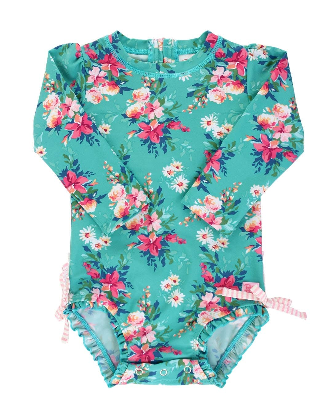 RuffleButts Baby Girls UPF 50 Sun Protection Floral Printed Long Sleeve One Piece Rash Guard Swimsuit with Zipper Fancy Me Floral 1824m