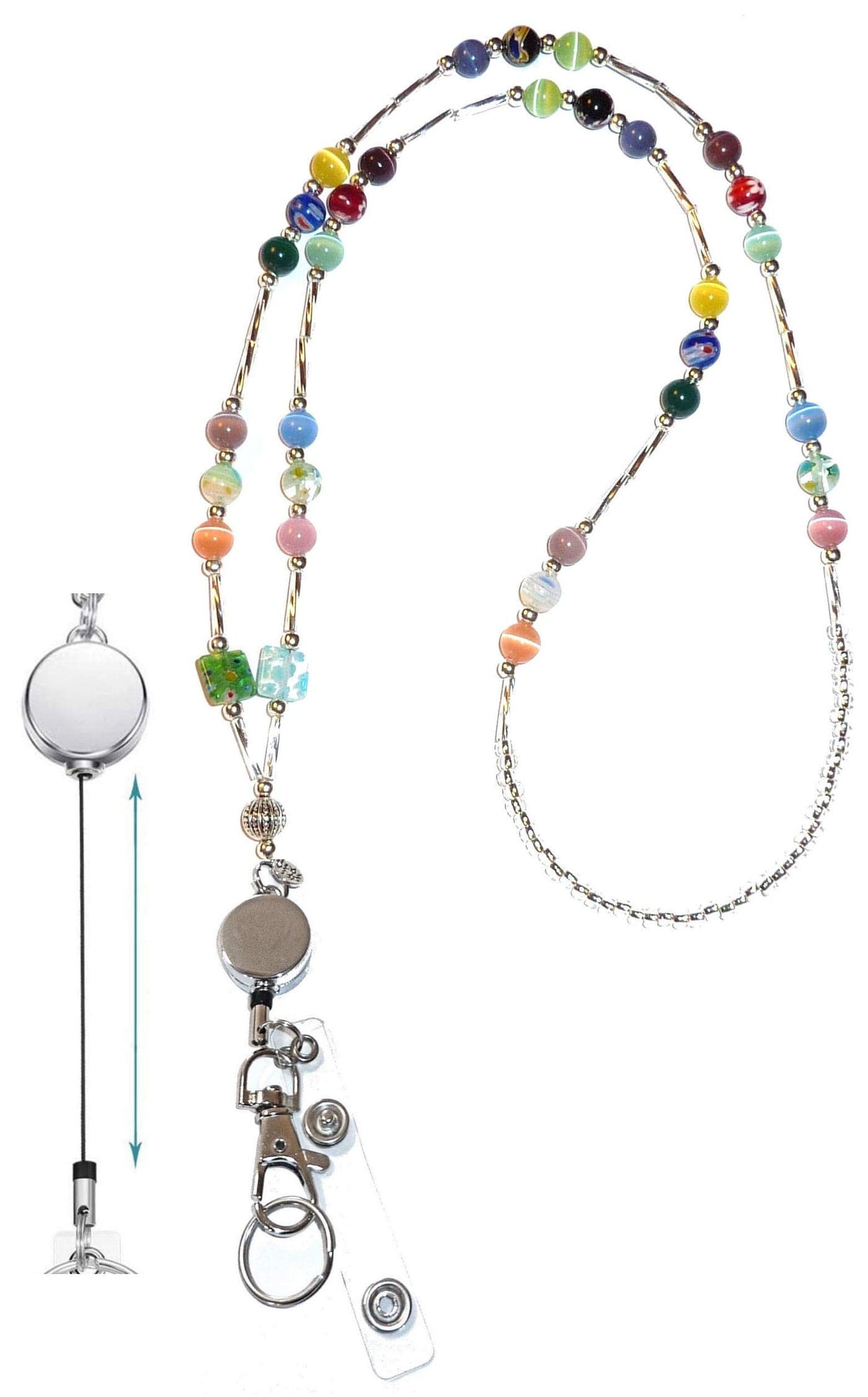Hidden Hollow Beads Retractable Badge Reel, Women's Beaded Lanyard, Strong, ID Card Holder, Keys Teacher Nurse Cruise Key Keychain (Multi - Super Slim)