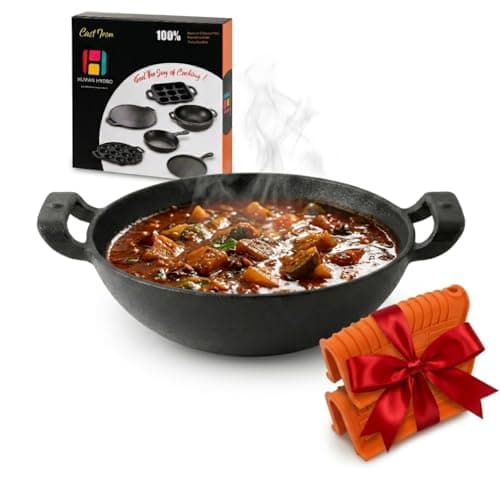 Human Hydro Cast Iron Kadai/Kadhai 25cm (2.2L) Deep Wok | Naturally Non-Stick When Seasoned | Gas & Induction Compatible | Silicone Handles | Deliq Series
