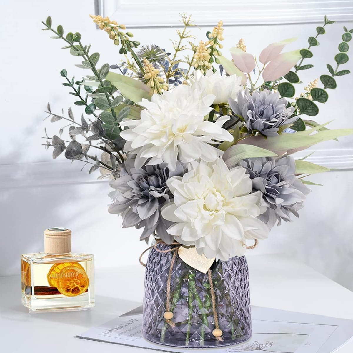 Xdalula Home Decor Fake Flowers with Vase Artificial Flowers Fake Plants Bouquet Decoration Realistic Dahlias Hydrangeas Eucalyptus Decor Modern Silk Flowers for Dining Table Kitchen Purple