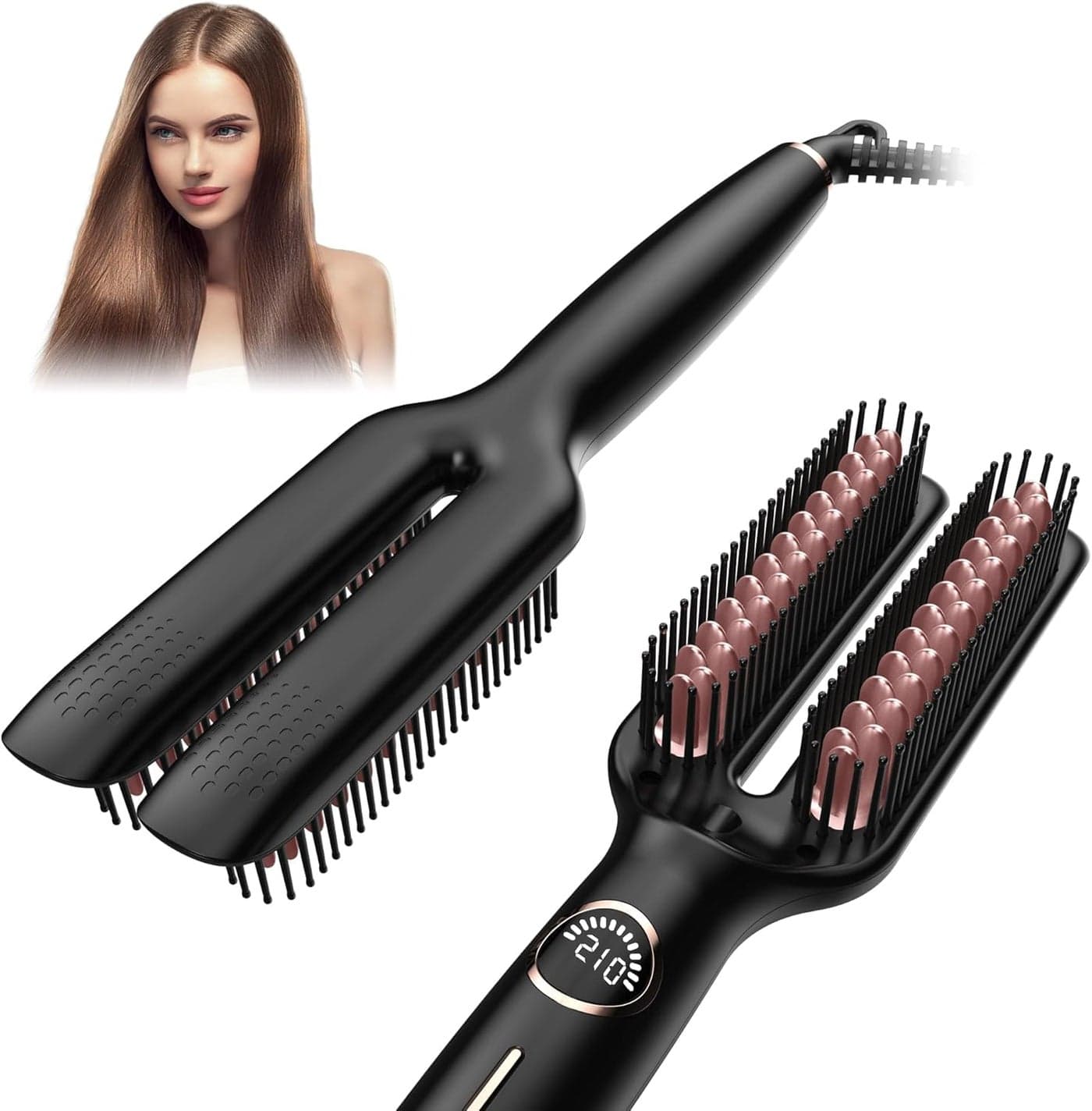 YOGIMOONI 2 in 1 Hair Straightener Brush & Curler with Ceramic Coating - 20s Fast Heating Hair Straightener Comb, 5 Temps Settings up to 210-410F, Double Voltage 110-240V Travel Hair Straightener