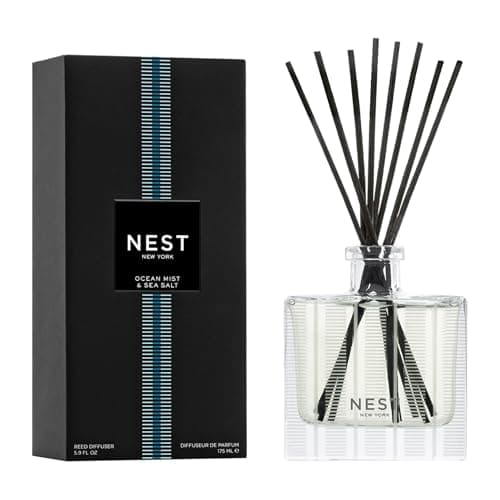 NEST New York Reed Diffuser, Ocean Mist & Sea Salt - 5.9 fl oz - Fragrance for Up to 90 Days - Reusable, Refillable Glass Holder - Includes 8 All-Natural Reed Sticks - Flame Free