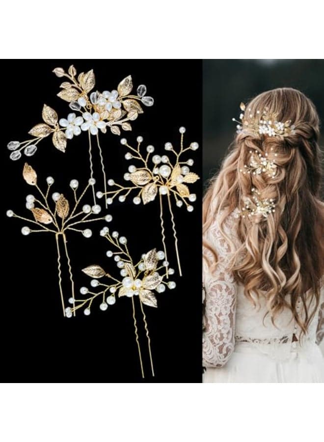 4 PCS Bridal Hair Pins Gold Leaf Crystal Floral Pearl Headpiece Vintage Flower Wedding Hair Accessories for Brides Bridesmaids Women Girls