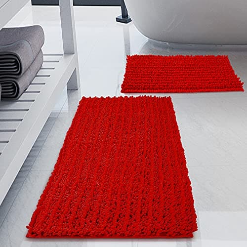 H.VERONNEX Luxury Chenille Red Bathroom Rugs Sets 2 Piece, Thickened Hot Melt Rubber Bottom Bath Mats for Bathroom Non Slip,Bath Rugs Quick Dry Machine Washable for Shower Mat (32"x20"+17"x24")