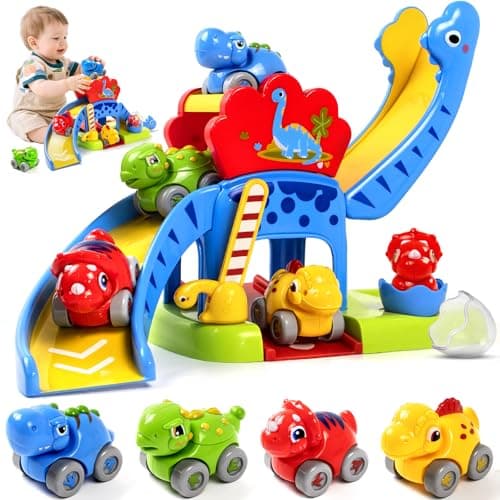 Marstone Toddler Toys 1 2 Year Old Boy Gifts Dinosaur Slide with 4 Animal Cars Educational Baby Toys 1218 Months First 1st Birthday Gifts for Kids Girls Push Car Race Track for Toddlers 13