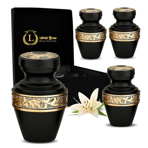 LIFAG Mini Urns for Human Ashes Set of 4 with Velvet Case & Funnel | Handcrafted Metallic Small Urns for Human Ashes Keepsake - 3 Inches (Matte Black, Small, Grecian)