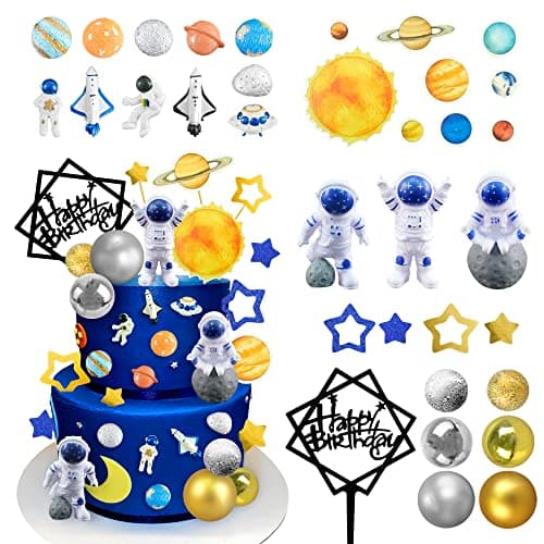 40PCS Astronaut Cake Toppers Outer Space Astronaut Figurine Meteorite Planet Rocket Stars and Gold Silver Ball Space Theme Cake Decorations