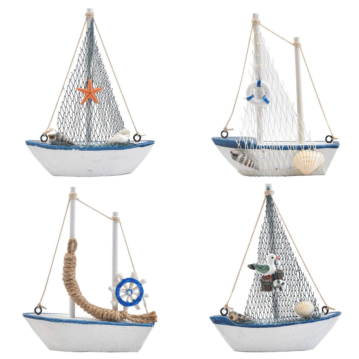 BUYGOO Mini Sailboat Model Decoration 4Piece Wooden Miniature Sailing Boat Home Decor Set