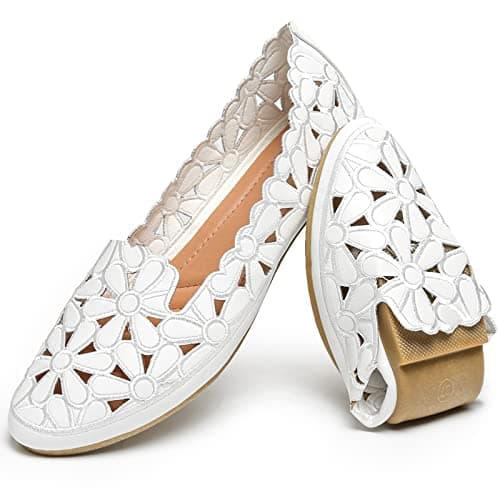 HEAWISH Women's Floral Ballet Flats for Women Black Beige Slip On Flowers PU Leather Round Toe Dress Shoes(White,US9.5)
