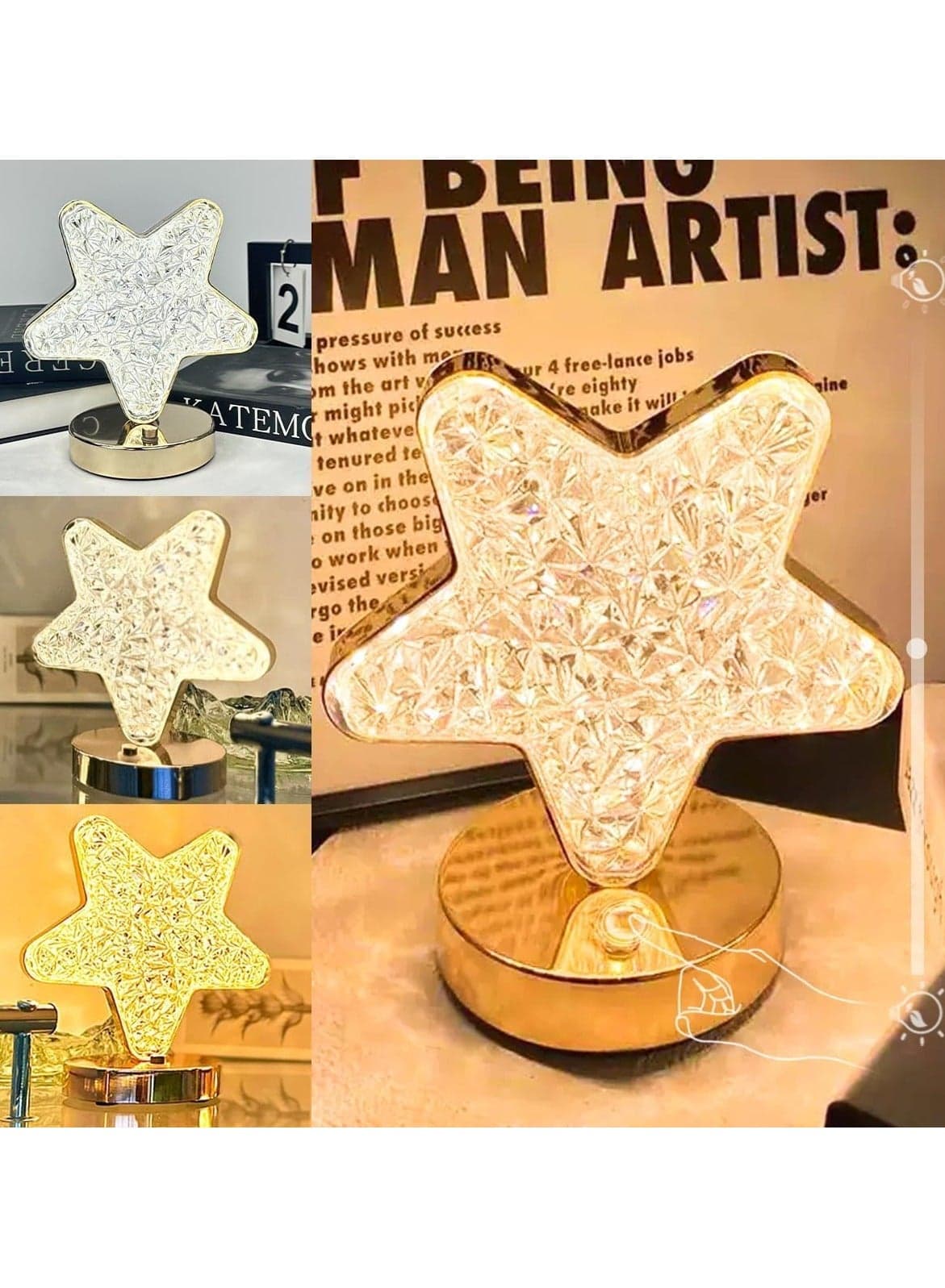 Ramadan Star Table Lamp Touch-activated star lamp with 3 color modes Crystal table lamp with stepless dimming Cute night light suitable for girls' rooms, bedrooms, and Ramadan decorations