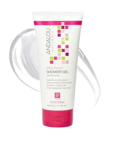 Andalou Naturals 1000 Roses Shower Gel Body Wash Hydrating Daily Foam Cleanser With Argan Oil Coconut Water and Aloe Vera Gentle and Soothing for Sensitive Skin 85 fl oz