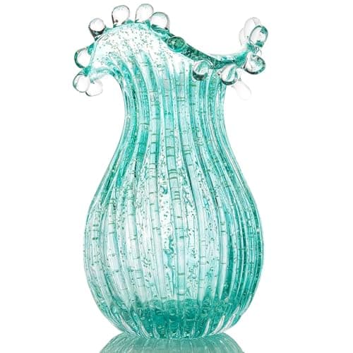 QFkris Hand Blown Glass Luminous Vase for Flowers 8" Teal Crystal Bubble Vases for Bouquet Home Decor Decorative Centerpieces Unique Gift for Birthday Housewarming Mothers Day
