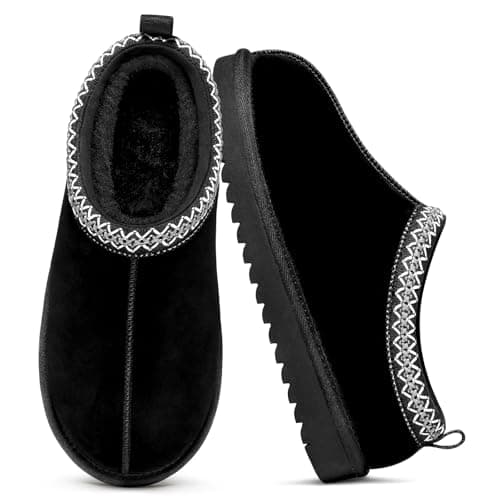 Evshine Women’s Genuine Suede Slippers, Fuzzy Warm House Shoes for Indoor Outdoor, Great Gift for Winter Comfort, Black 39(8)