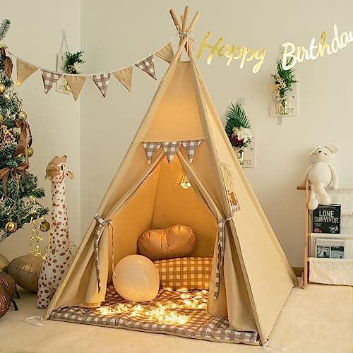 TreeBud Teepee Tent with Padded Mat Bunting Banner Fairy Lights Print Gingham Kids Play Tent with Carry Bay for Indoor and Outdoor Play House Toys for Toddler Boys and Girls