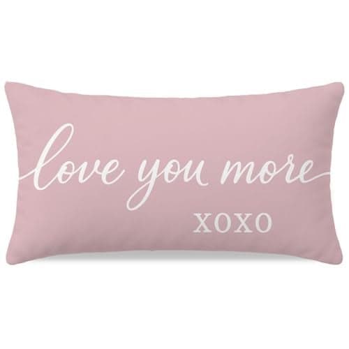 HERHOME Pink Valentines Day Pillow Cover 12x20 Inch, Love You More XOXO Romantic Lumbar Decorative Cushion Case for Couples Bedroom Sofa Couch, Valentine Day Gifts for Him Her Anniversary Home Decor