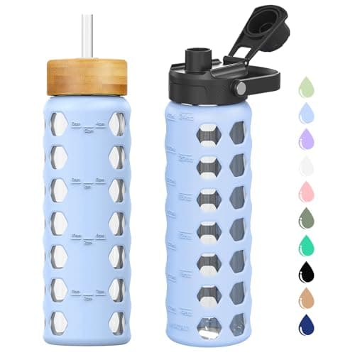 MUKOKO Glass Water Bottles,24oz Glass Tumbler with Straw,Drinking Bottles with 2 Lids-Handle Spout Lid&Bamboo Straw Lid,Motivational Water Bottle with Time Marker and Silicone Sleeve,1 Pack-Glacier