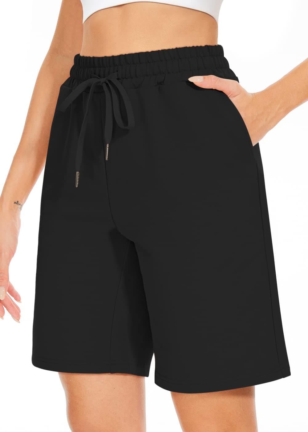 TARSE Women's Bermuda Shorts Drawstring Long Cotton Loose with Pockets Knee Length Shorts Yoga Casual Walking Exercise Shorts(Black,S)