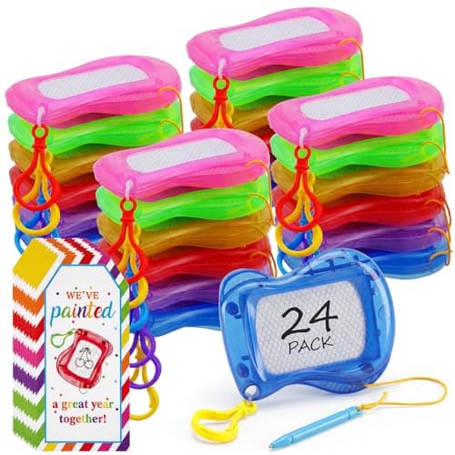 Fuyoooo 24 Set End of The Year Gifts for Kids Classroom Bulk Mini Magnetic Drawing Board Backpack Keychain Clip Erasable Doodle Writing Pad with Tag Ribbon for Kids Birthday Party Favor