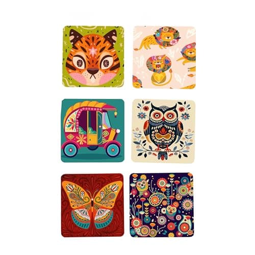 TAJNAN Indian Art Printed Coaster Set of 6 Beautiful Wooden Coasters with Plastic Coating Proper Coaster Stand Designer Coaster (taj-Coaster-cat-rr)
