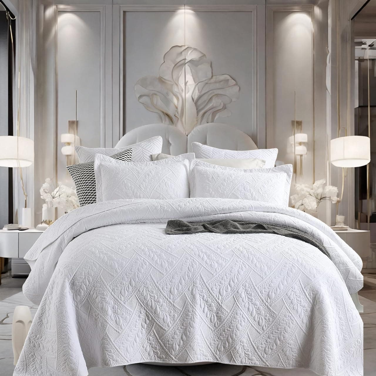 Brandream White Quilts Cotton Queen Size Quilt Set Luxury Matelasse Coverlet Set Quilted Comforter Set 3Piece